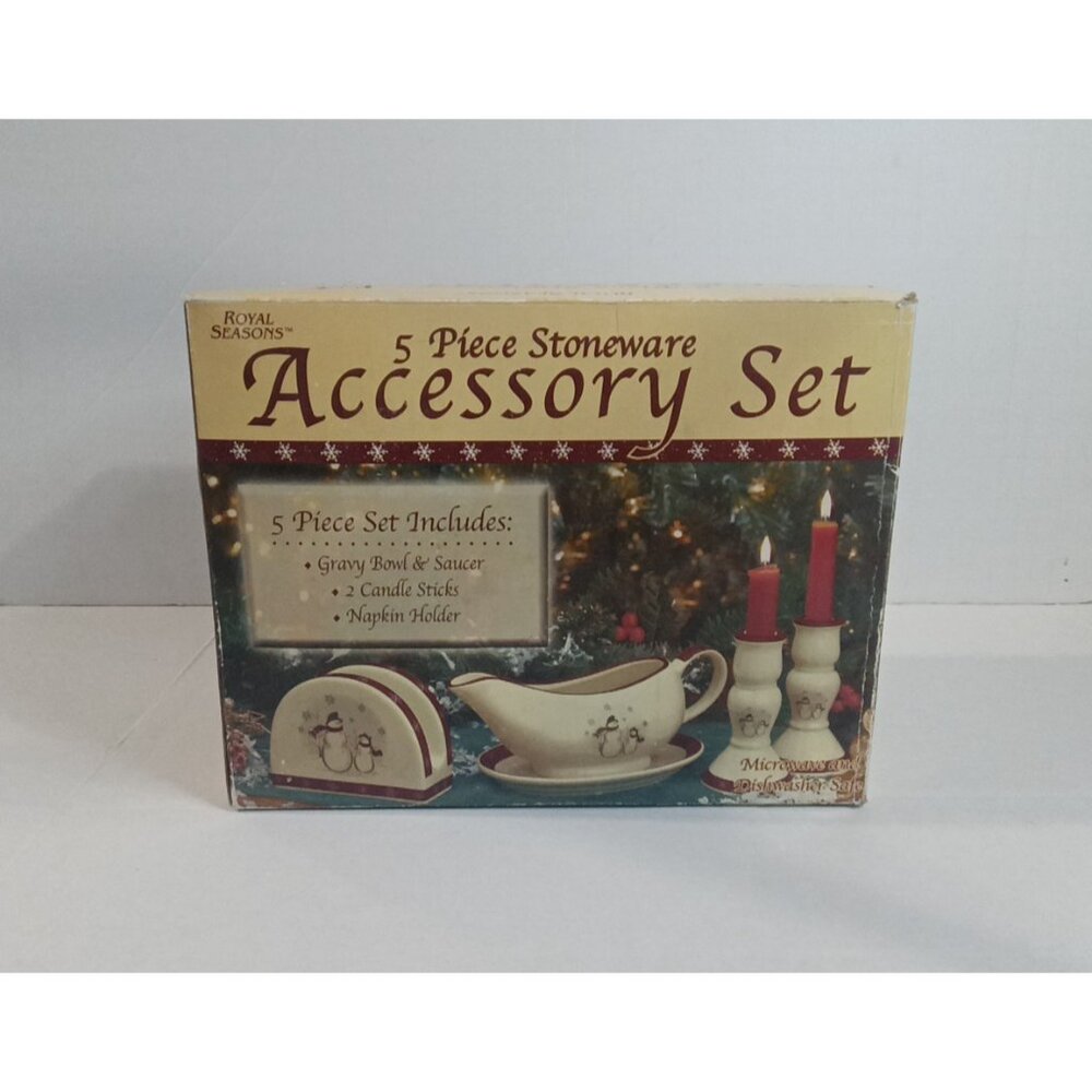 Royal Seasons Snowman 5 Piece Stoneware Accesory Set New